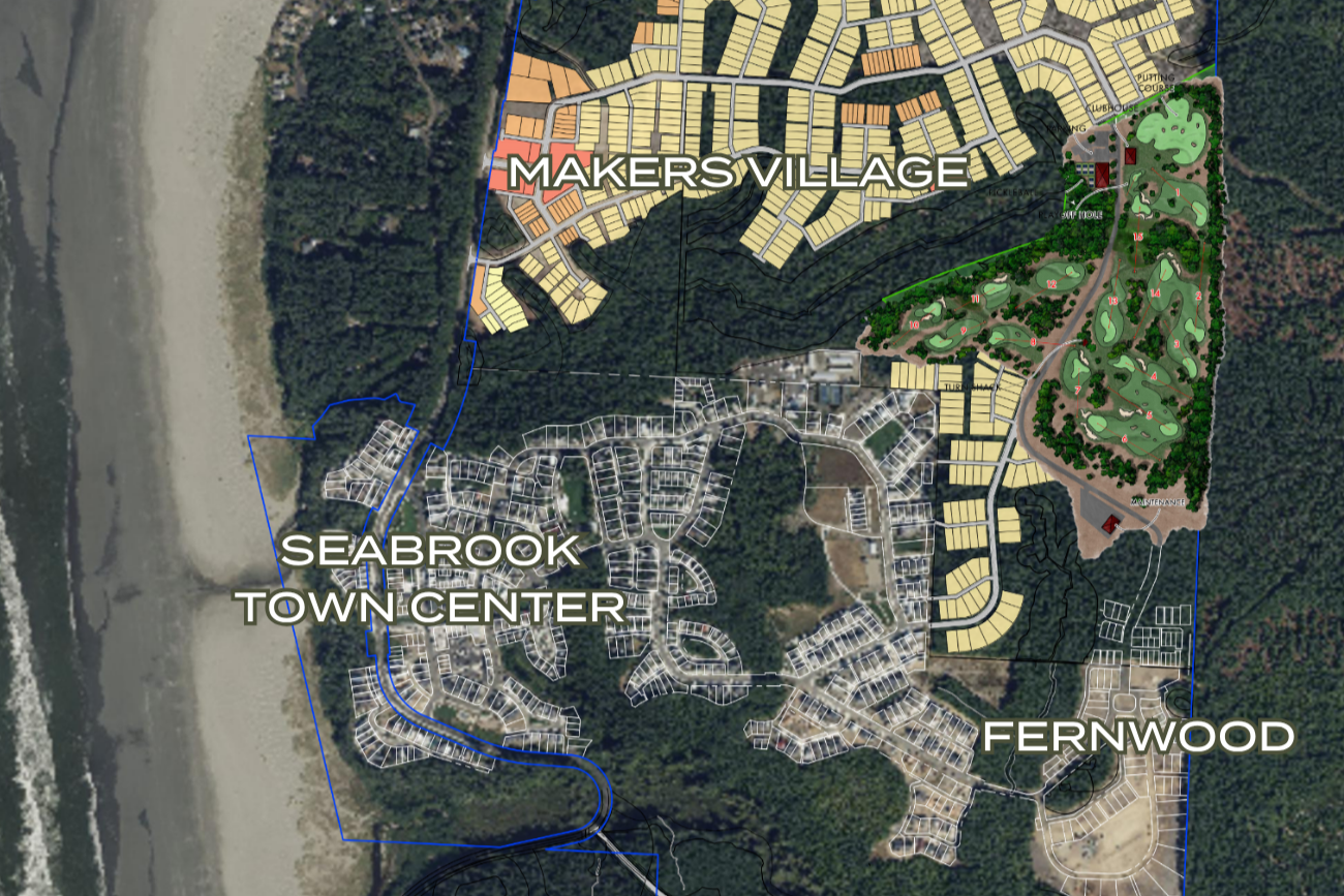 Map of Seabrook showing the planned short golf course between Town Center, Fernwood, and Makers Village
