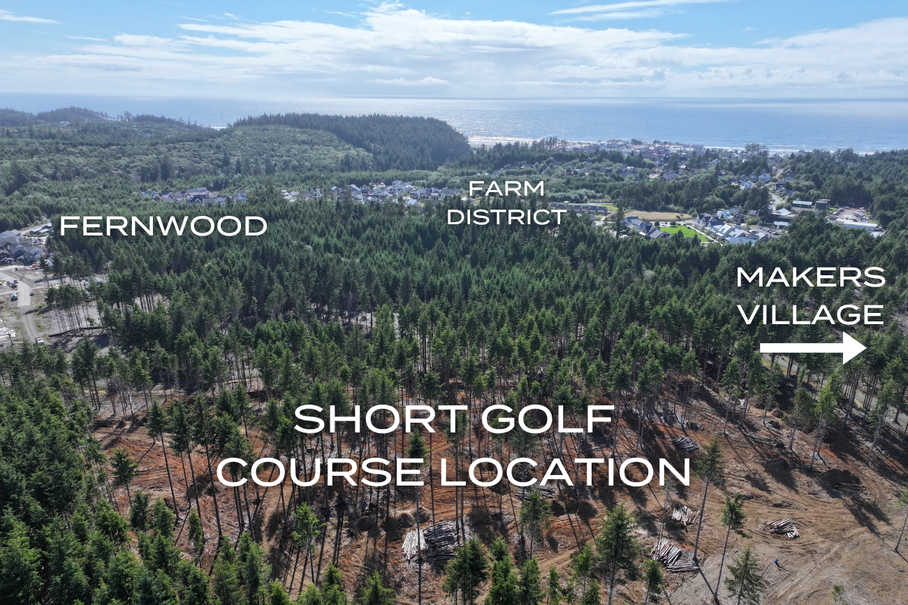 Aerial view showing the future Seabrook short golf course location between Fernwood, Farm District, and Makers Village