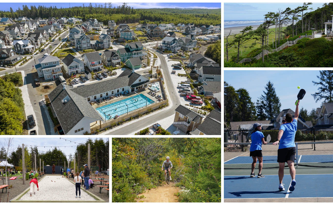 Collage of Seabrook amenities including Sunrise Pool, Northwest Glen Beach Access, bocce at Fernwood Station, mountain biking trails, and pickleball courts