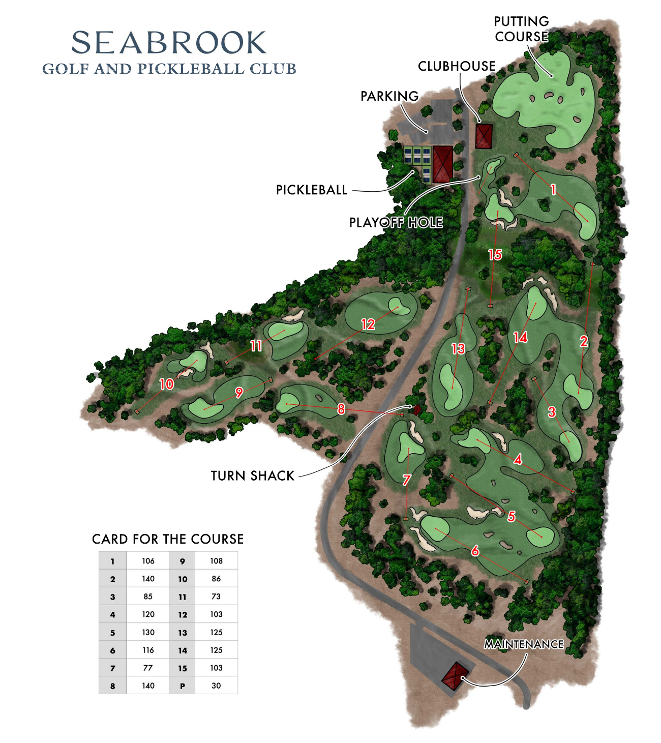 Design of Seabrook's planned 15-hole short golf course showing the course layout, features, and yardage for each hole
