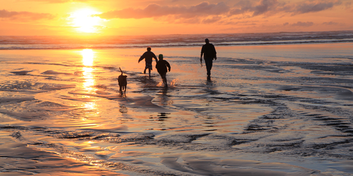 Family playing in the ocean at sunset